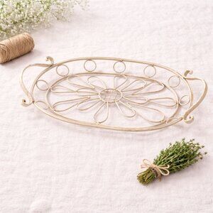 Farmhouse Oval Metal Tray Cream VTG Cottagecore Vanity Kitchen Decor Organizer